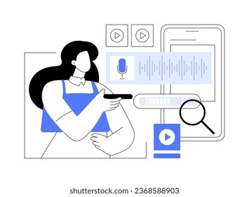 Voice search abstract concept vector illustration. Woman holding phone and using speech recognition app, IT technology, data transfer, big data, machine learning industry abstract metaphor.