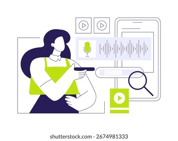 Pesquisa por voz conceito abstrato vetor ilustração. Mulher segurando telefone e usando aplicativo de reconhecimento de fala, tecnologia de TI, transferência de dados, big data, metáfora abstrata da indústria de aprendizagem de máquina.