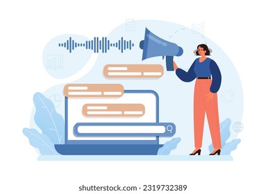 Voice search. Artificial intelligence virtual assistant. Woman speaking on microphone with browser request. Voice activated identification for digital security. Flat vector. 3D Illustration