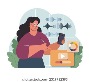 Voice search. Artificial intelligence virtual assistant. Woman speaking on microphone with browser request. Voice activated identification for digital security. Flat vector. 3D Illustration