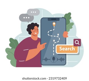 Sprachsuche. Virtueller Assistent für künstliche Intelligenz Mann, der auf Mikrofon spricht, mit Browser-Anfrage. Voice aktiviert Identifikation für digitale Sicherheit. Flache Vektorgrafik. 3D-Illustration