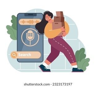 Voice search. Artificial intelligence virtual assistant. Woman speaking on microphone with browser request. Voice activated identification for digital security. Flat vector. 3D Illustration