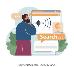 Voice search. Artificial intelligence virtual assistant. Man speaking on microphone with browser request. Voice activated identification for digital security. Flat vector illustration. 3D Illustration