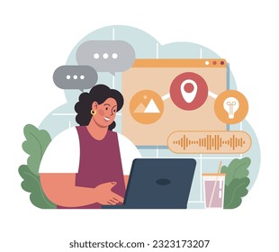 Voice search. Artificial intelligence virtual assistant. Woman speaking on microphone with browser request. Voice activated identification for digital security. Flat vector. 3D Illustration