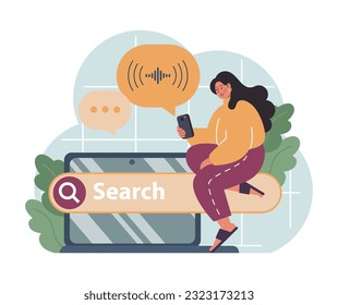Búsqueda de voz. Asistente virtual de inteligencia artificial. Mujer hablando en micrófono con solicitud de navegador. Identificación de voz activada para la seguridad digital. Vector plano. Ilustración 3D