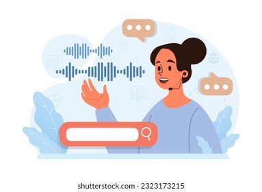 Voice search. Artificial intelligence virtual assistant. Woman speaking on microphone with browser request. Voice activated identification for digital security. Flat vector. 3D Illustration