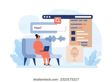 Búsqueda de voz. Asistente virtual de inteligencia artificial. Mujer hablando en micrófono con solicitud de navegador. Identificación de voz activada para la seguridad digital. Vector plano. Ilustración 3D