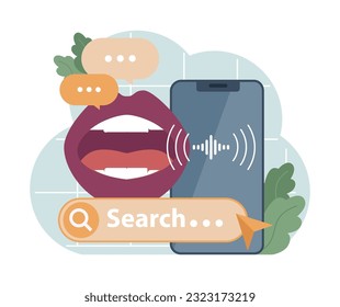 Voice search. Artificial intelligence virtual assistant. Character speaking on microphone with browser request. Voice activated identification for digital security. Flat vector. 3D Illustration