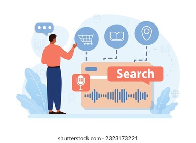 Voice search. Artificial intelligence virtual assistant. Man speaking on microphone with browser request. Voice activated identification for digital security. Flat vector illustration. 3D Illustration