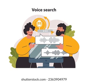 Voice search. Artificial intelligence virtual assistant. Character speaking on microphone with browser request. Online communication with artificial intelligence. Flat vector illustration