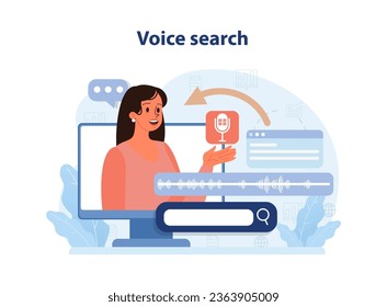 Voice search. Artificial intelligence virtual assistant. Character speaking on microphone with browser request. Online communication with artificial intelligence. Flat vector illustration