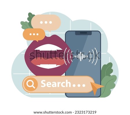 Voice search. Artificial intelligence virtual assistant. Character speaking on microphone with browser request. Voice activated identification for digital security. Flat vector. 3D Illustration