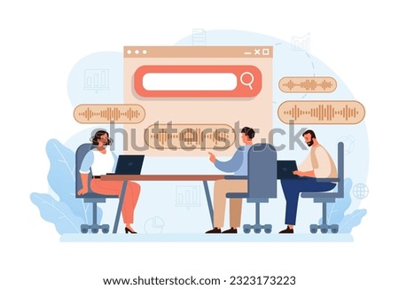 Voice search. Artificial intelligence virtual assistant. Character speaking on microphone with browser request. Voice activated identification for digital security. Flat vector. 3D Illustration