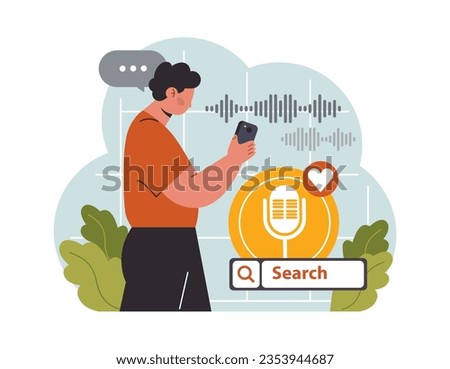 Voice search. Artificial intelligence virtual assistant. Man speaking on microphone with browser request. Voice activated identification for digital security. Flat vector illustration