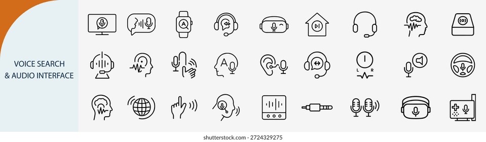 Iconos de interfaz de audio de búsqueda de voz, tecnología de asistente de reconocimiento de sonido, Vector de línea negra