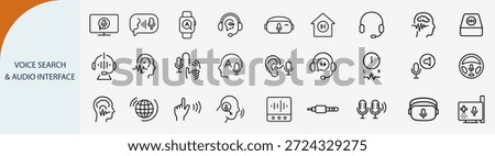 voice search audio interface icons, sound recognition assistant technology, black line vector