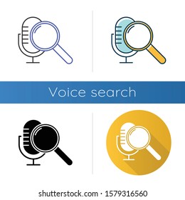 Voice search command icons set. Sound request idea. Microphone and magnifier. Sound recorder, music equipment. Magnifying glass. Linear, black and color styles. Isolated vector illustrations