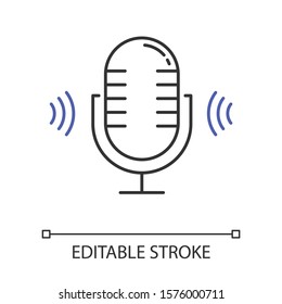 Voice search command linear icon. Sound request. Microphone and magnifier. Sound recorder, music equipment. Thin line illustration. Contour symbol. Vector isolated outline drawing. Editable stroke