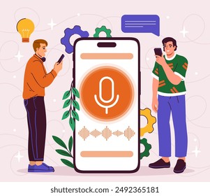 Sprachsuchkonzept. Männer mit Smartphones suchen im Internet nach Informationen. Virtueller Assistent und Assistent, Künstliche Intelligenz. Anwendung mit Spracherkennung. flache Vektorillustration