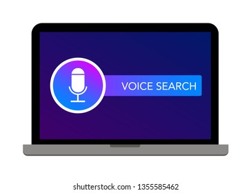 Voice search flat design modern vector icon with microphone and text form field on grey laptop screen isolated on white background.