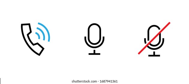 Voice Search Icon. Editable Vector Outline. Call, On And Off Microphone. Microphone Icon For Voice Voice Searching.