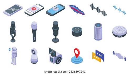 Voice search icons set isometric vector. Digital marketing. Computer ai