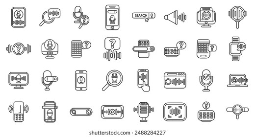 Voice search icons set. Voice recognition icons set, voice control technology line icons pack, voice assistant linear symbols collection