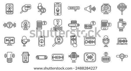 Voice search icons set. Voice recognition icons set, voice control technology line icons pack, voice assistant linear symbols collection