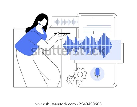 Voice search isolated cartoon vector illustrations. Woman holding phone and using speech recognition app, IT technology, data transfer, big data, machine learning industry vector cartoon.