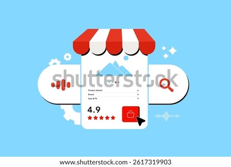 Voice search in marketing using voice input, SEO optimization, digital assistants to improve product discovery and user interaction. Voice search optimized e-commerce product pages vector illustration
