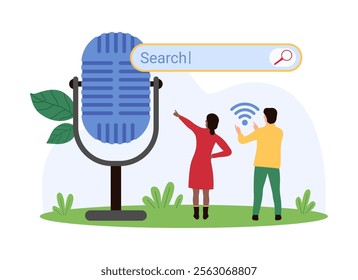 Voice search online, user recognition and application control by customer commands. Tiny people use browsers search bar and microphone to find information on internet cartoon vector illustration