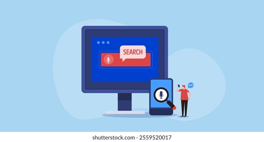 Voice search optimization, Search engine voice search technology, People using voice search application - vector illustration with characters