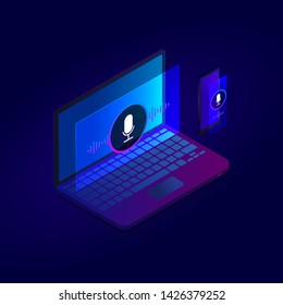 Voice Search Optimization Isometric Design Modern Icon, Search By Voice Siri Technology For Banner Illustration, Website Template With Laptop And Mobile Phone On Dark Background