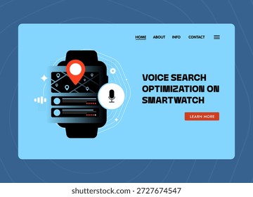 Página de inicio de optimización de búsqueda por voz - interfaz de reloj inteligente con micrófono pin ubicación engranajes menú de navegación aprender más tecnología de Diseño web por Botón voz usable concepto de SEO Ilustración vectorial