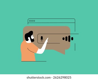Otimização de pesquisa de voz - consultas de linguagem natural, reconhecimento de fala habilitado para voz, dados estruturados e ferramentas de SEO para melhorar a visibilidade nos resultados de pesquisa do assistente de voz. Ilustração vetorial
