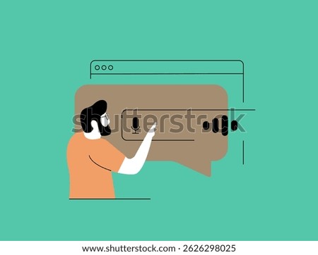 Voice search optimization - natural language queries, voice-enabled speech recognition, structured data and SEO tools for improving visibility in voice assistant search results. Vector illustration