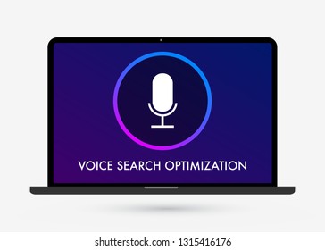 Voice search optimization on laptop screen flat vector illustration, banner for site with microphone icon. Search by Voice technology for marketing SEO on the dark gradient background