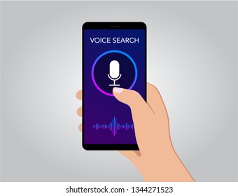 Voice search optimization on smart mobile phone screen flat vector illustration, banner for site with microphone icon. Search by Voice siri technology for marketing SEO isolated on the grey background