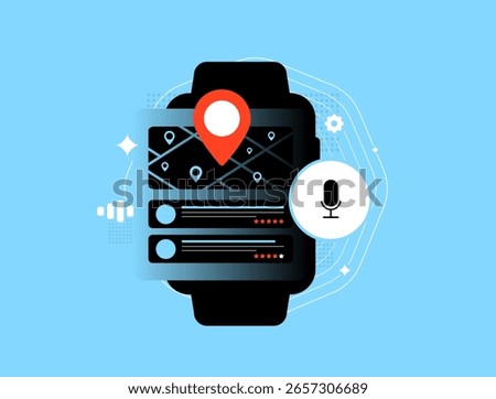 Voice search optimization on smartwatch with GPS map, user rating and assistant icon for local search. Voice search optimization in wearable UI and local voice search mobile tech. Vector illustration