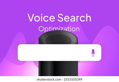 Otimização de Pesquisa de Voz para Dispositivos Residenciais Inteligentes. Otimize os resultados da pesquisa para dispositivos residenciais inteligentes através da pesquisa de voz. Ilustração vetorial com alto-falante inteligente, barra de pesquisa e ondas de som