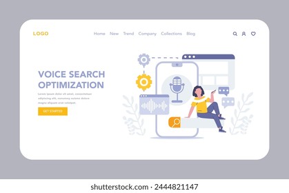 Voice search optimization web or landing page. Enhancing user experience with voice-activated search technology. Intuitive interfaces for seamless digital interactions. Vector illustration