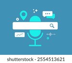 Voice search SEO boosts visibility by optimizing smart devices. Local search and natural language, enhancing traffic and ranking through voice assistants. Voice search optimization vector illustration
