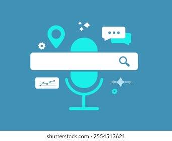 Voice search SEO boosts visibility by optimizing smart devices. Local search and natural language, enhancing traffic and ranking through voice assistants. Voice search optimization vector illustration