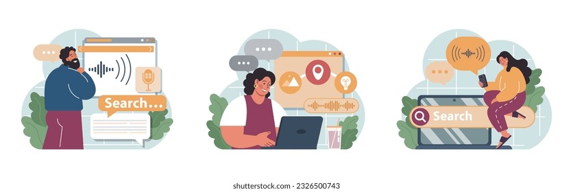 Voice search set. Artificial intelligence virtual assistant. Character speaking on microphone with browser request. Voice activated identification for digital security. Flat vector. 3D Illustration