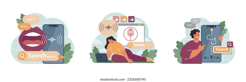 Voice search set. Artificial intelligence virtual assistant. Character speaking on microphone with browser request. Voice activated identification for digital security. Flat vector. 3D Illustration