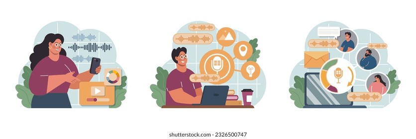Voice search set. Artificial intelligence virtual assistant. Character speaking on microphone with browser request. Voice activated identification for digital security. Flat vector. 3D Illustration