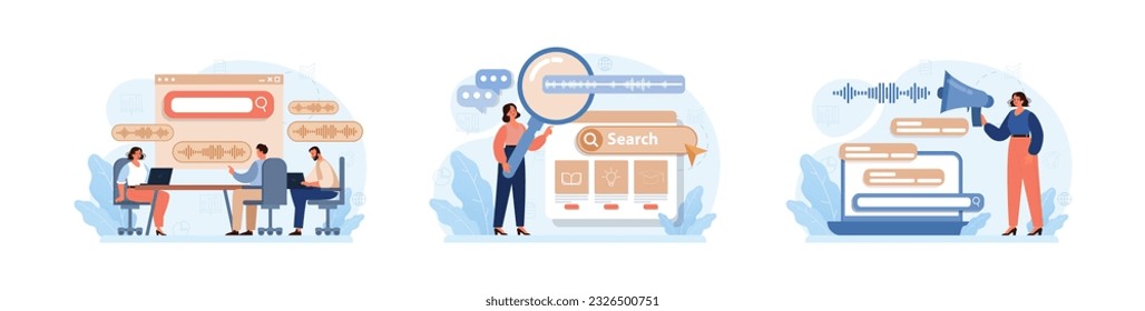 Sprachsuche-Set. Virtueller Assistent für künstliche Intelligenz Charaktere, die auf Mikrofon mit Browser-Anfrage sprechen. Voice aktiviert Identifikation für digitale Sicherheit. Flacher Vektor. 3D-Illustration