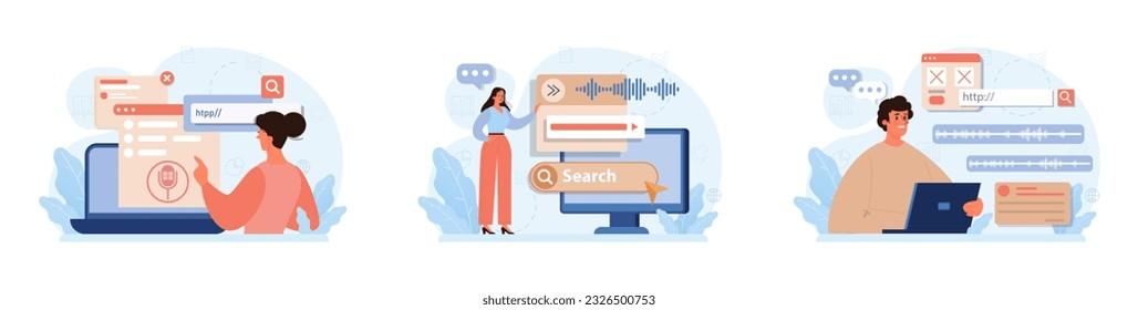 Voice search set. Artificial intelligence virtual assistant. Character speaking on microphone with browser request. Voice activated identification for digital security. Flat vector. 3D Illustration