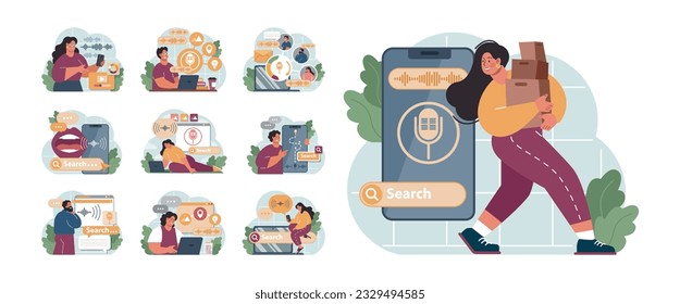 Voice search set. Artificial intelligence virtual assistant. Character speaking on microphone with browser request. Voice activated identification for digital security. Flat vector. 3D Illustration