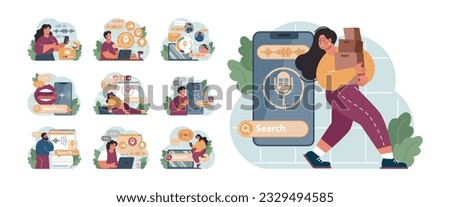 Voice search set. Artificial intelligence virtual assistant. Character speaking on microphone with browser request. Voice activated identification for digital security. Flat vector. 3D Illustration